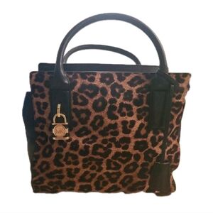 Michael Kors Black Leather Leopard Haircalf Satchel with Long Crossbody Strap